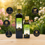 Zwei Glasflaschen SPORTIVE (für Hunde und Katzen) auf einem Holztisch im sonnigen Garten – Premium-Naturöl von MisterKings.
