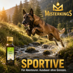 Glücklicher Hund athletisch am Bergbach neben einer Flasche SPORTIVE – MisterKings Naturöl für Hunde und Katzen.