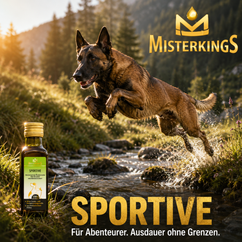Glücklicher Hund athletisch am Bergbach neben einer Flasche SPORTIVE – MisterKings Naturöl für Hunde und Katzen.