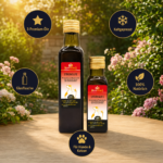Zwei Glasflaschen STRONGLIFE (für Hunde) auf einem Holztisch im sonnigen Garten – Premium-Naturöl von MisterKings.