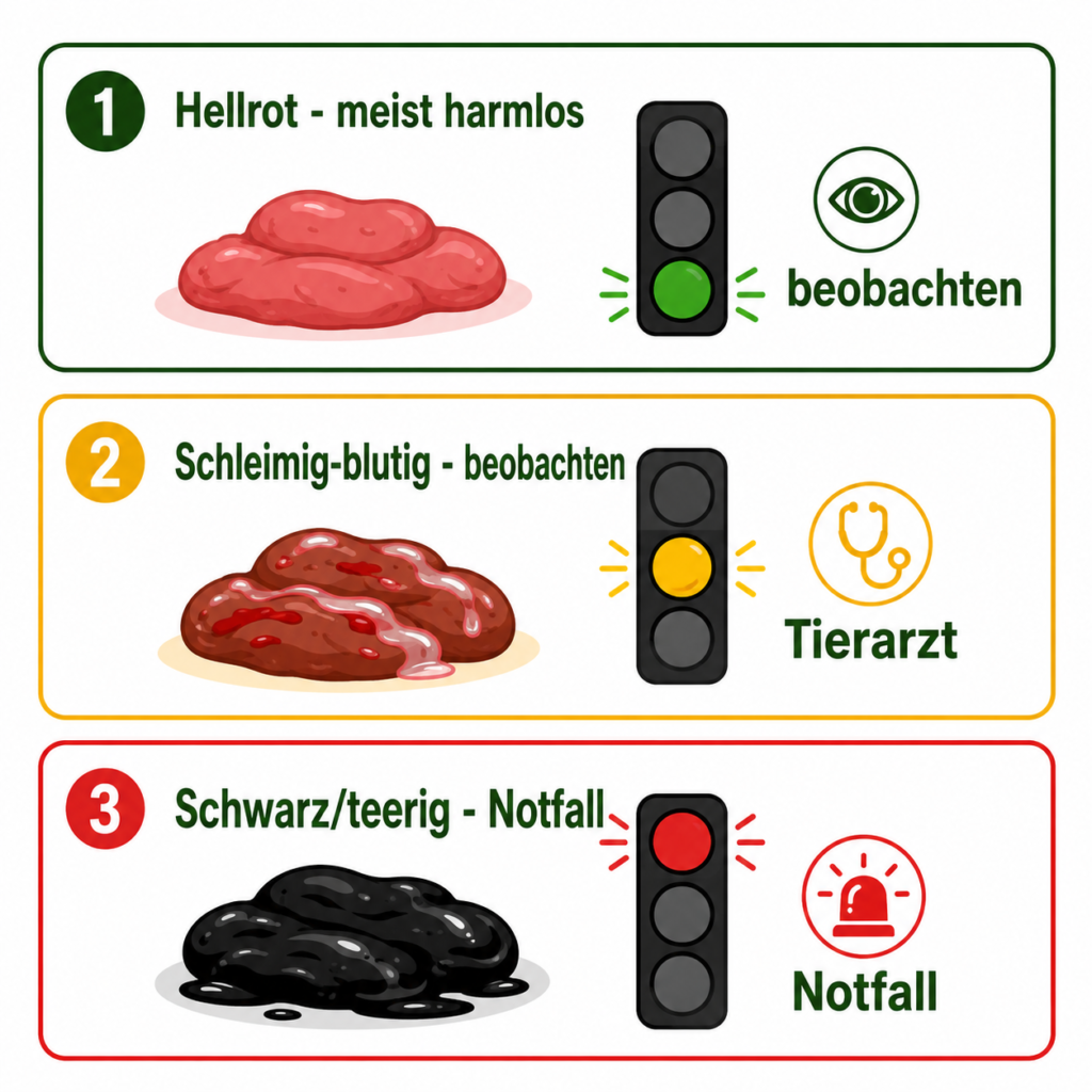 Infografik Ampel-Triage: Blut und Schleim im Hundekot – harmlos, Tierarzt oder Notfall