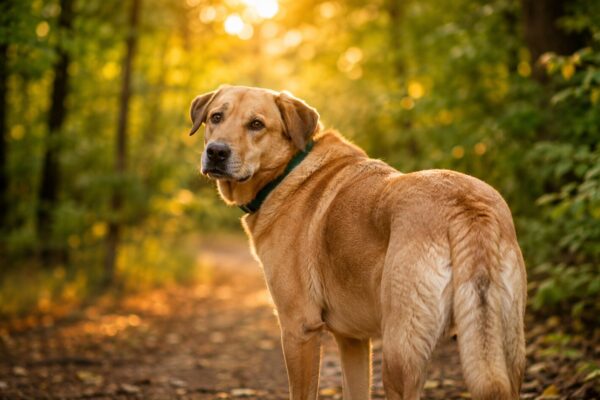 Älterer Labrador auf einem Waldweg – Gelenkschmerzen beim Hund erkennen