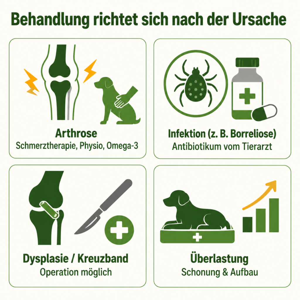 Infografik: Behandlung von Gelenkschmerzen beim Hund je nach Ursache