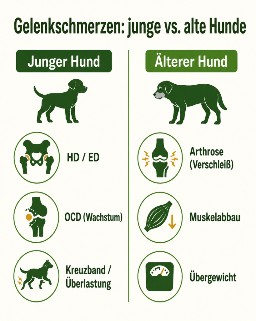 Infografik: Gelenkschmerzen bei jungen und alten Hunden im Vergleich