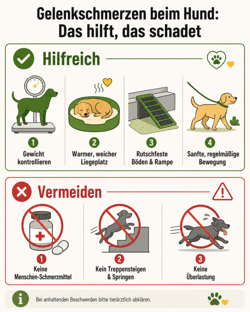 Infografik: Gelenkschmerzen beim Hund – das hilft und das schadet im Alltag