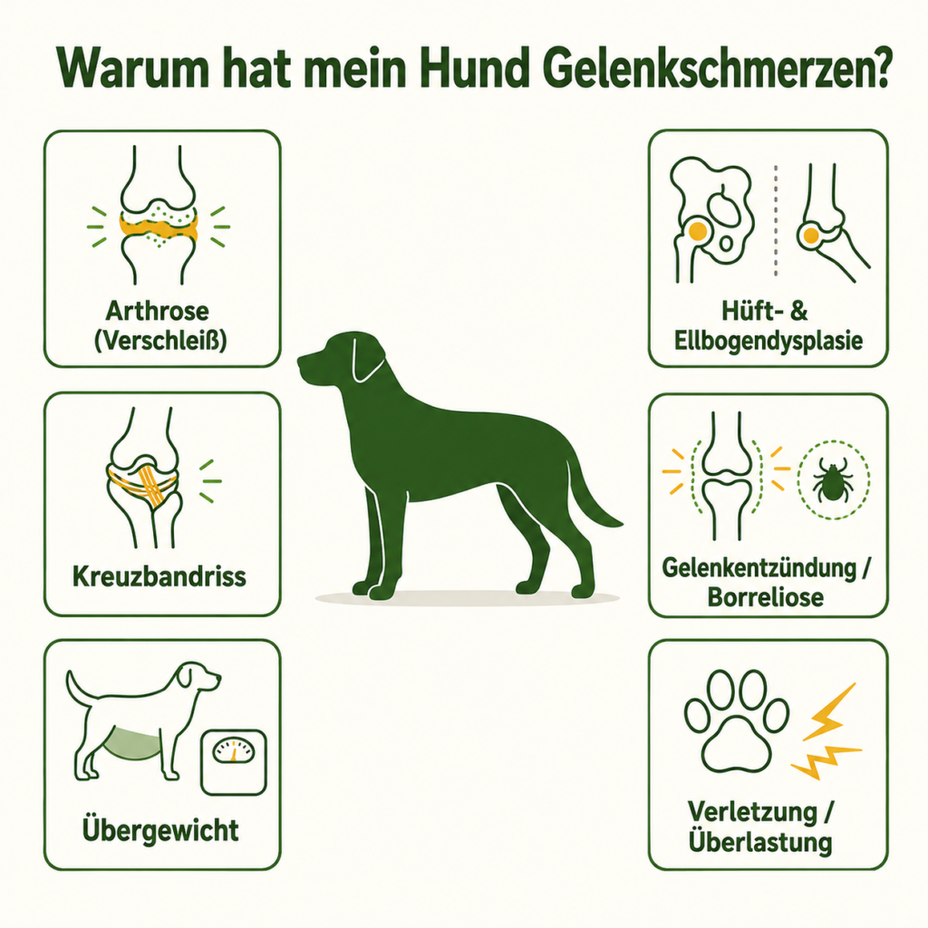 Infografik: Ursachen für Gelenkschmerzen beim Hund – Arthrose, Dysplasie, Kreuzbandriss und mehr