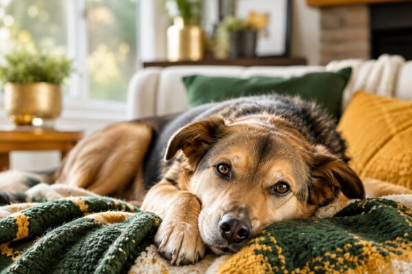 Ruhiger Hund liegt entspannt auf einer Decke – Hund Stress Durchfall vorbeugen