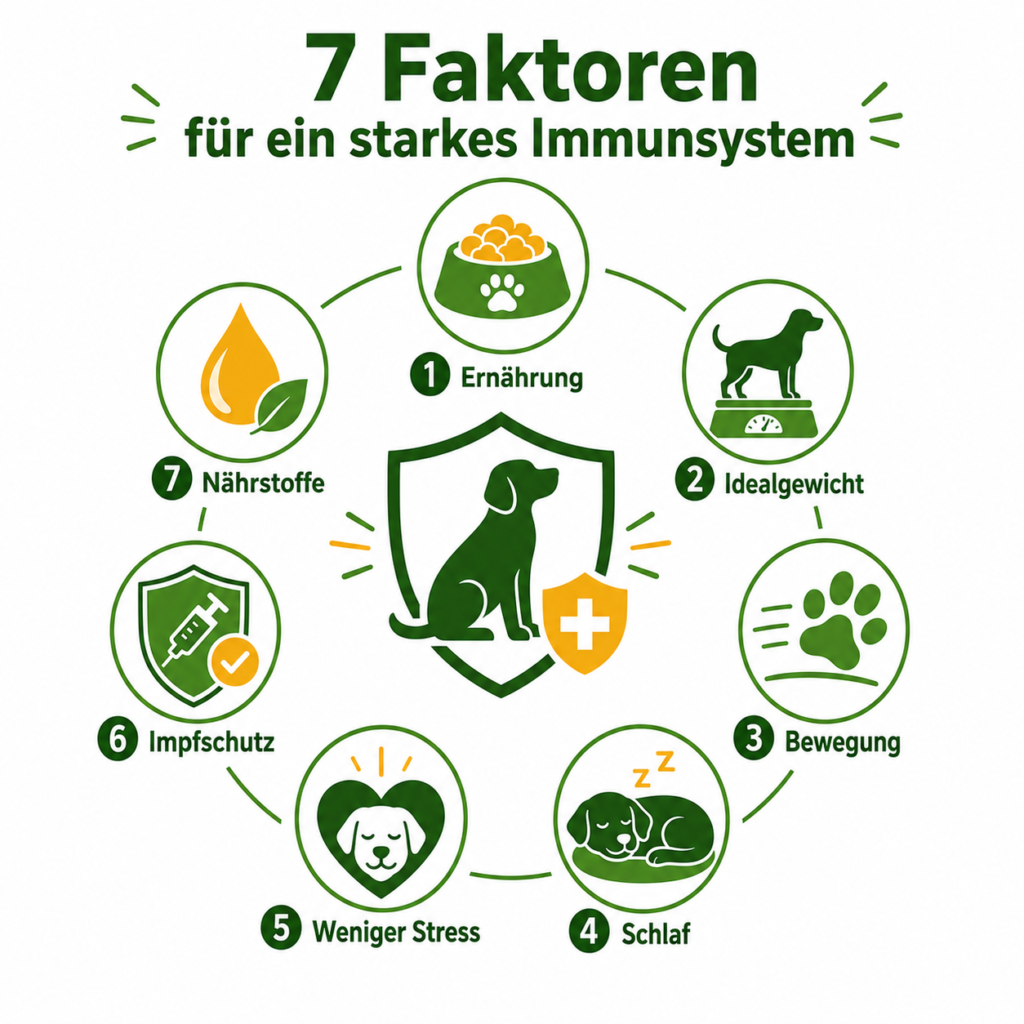 Infografik der 7 wichtigsten Faktoren zur Stärkung des Immunsystems beim Hund